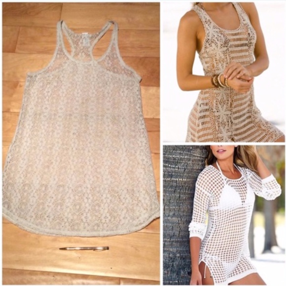 🌸 SWIM TOP BIKINI COVER SHEER NET BEACH POOL BOHO SUMMER TANK CREAM PETITE - Picture 3 of 6
